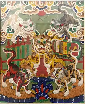 17th-century Hàng Trống woodcut painting depicts Five Tigers "Ngũ Hổ" displays in National Museum of Fine Arts