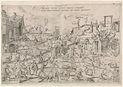 The Blue Cloak. Some say this 1558 engraving, with proverbs written above the figures, formed the basis for Breughel's Netherlandish Proverbs painting