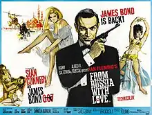 The upper centre of the poster reads "Meet James Bond, secret agent 007. His new incredible women ... His new incredible enemies ... His new incredible adventures ..." To the right is Bond holding a gun, to the left a montage of women, fights, and an explosion. On the bottom of the poster are the credits.