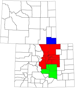 An enlargeable map of the Front Range Urban Corridor of Colorado and Wyoming. Blue: Southeast Wyoming; red: North Central Colorado; green: South Central Colorado