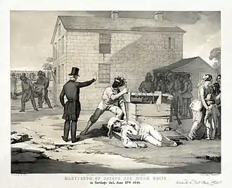 Image 14Martyrdom of Joseph and Hiram Smith in Carthage jail, June 27th, 1844. This unusual black-and-white lithograph has a second yellow-brown layer on top of it. Image credit: G.W. Fasel (painter); Charles G. Crehen (lithographer); Nagel & Weingaertner, N.Y. (publishers); Library of Congress (digital file); Adam Cuerden (upload) (from Portal:Illinois/Selected picture)