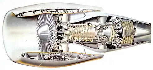 General Electric CF6-6 engine. Aerodynamic loads on the inlet cowl (left) are highest at high angles of attack during take-off rotation and climb. The air approaching from below has to turn into the engine inlet and the force required to change its momentum is reacted as an upwards force on a CF6-50 inlet of about 4 tons. The inlet is bolted to the fan case and the bending moment is transferred inwardly through the struts shown into the core casing.