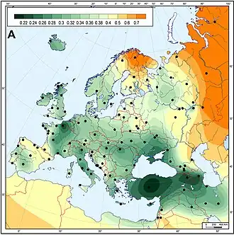 Ancient European Neolithic farmers are genetically closest to modern Near-Eastern/ Anatolian populations: genetic matrilineal distances between European Neolithic Linear Pottery culture populations (5,500–4,900 calibrated BC) and modern Western Eurasian populations.