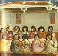 Giotto, Scrovegni Chapel, 1305, with flat perspectival haloes; the view from behind causes difficulties, and John's halo has to be reduced in size.