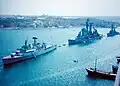HMS&nbsp;London, USS Albany and USS&nbsp;Lawrence anchored at Malta in 1971.