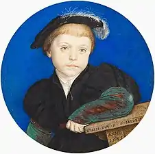Henry Brandon, 2nd Duke of Suffolk, portrait miniature, 1541. Watercolour on vellum, Royal Collection, Windsor Castle