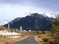 Heart Mountain and the Cement Plant at Exshaw. Community is east (left) of the plant.