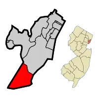 Location of Bayonne in Hudson County highlighted in red (left). Inset map: Location of Hudson County in New Jersey highlighted in orange (right).
