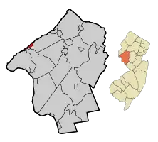 Location of Bloomsbury in Hunterdon County highlighted in red (left). Inset map: Location of Hunterdon County in New Jersey highlighted in orange (right).