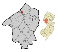 Location of Glen Gardner in Hunterdon County highlighted in red (left). Inset map: Location of Hunterdon County in New Jersey highlighted in orange (right).