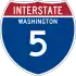 Highway marker for Interstate 5, comprising a blue shield with a red, three-pointed crown