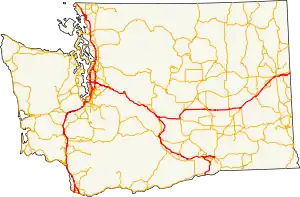 A map of the state of Washington, with its seven Interstate highways highlighted in red.
