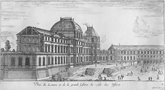 West facade of the Louvre with Jacques Lemercier's northward extension and the ground-floor walls of Pavillon de Beauvais in the foreground; engraving c.1644 by Israël Silvestre