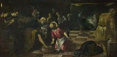 Tintoretto's painting shows background figures painted with the prestezza technique.