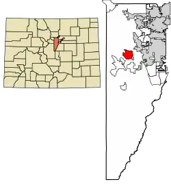 Location of the Genesee CDP in Jefferson County, Colorado.Colorado