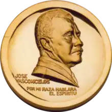 Obverse of a golden medal with the image of José Vasconcelos facing right, the name José Vasconcelos placed to lower left, and the phrase ´Por mi raza hablará el espíritu´ at the bottom.