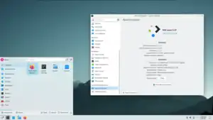 Standard stacking window manager and always-visible taskbar+tray with Info Center application open, showing KDE Neon 5.19 User Edition, with hardware and software versions listed in a tabular format. The panel is at the default location of the bottom of the screen with the default widgets. Visible on the panel from left to right are the icon for the Application Launcher menu, a standard task bar entry stating "System Information - Info Center", empty space, a System Tray containing an update icon from KDE Discover, a volume control icon, a removable devices icon, a networks icon, a menu to display further hidden items, a clock, and a Show Desktop icon.