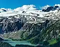 Aerial view of Kumkan Peak, Kwoiek Glacier and Stukolait Lake.