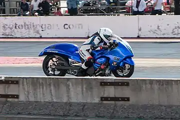 A heavily modified Suzuki Hayabusa Turbo at a drag race, completing the 1/4 mile in less than 9 seconds