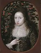 Lady Anne Pope, sister-in-law of Elizabeth Pope, 1615. Her dress is patterned with carnations, roses and strawberries; the cherries on the tree symbolise virtue.