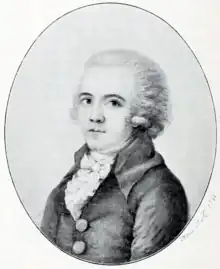 Silverpoint drawing of a 24 year old man in half-profile, wearing 1780s clothing