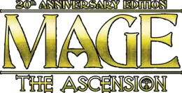 The logo for Mage: The Ascension 20th Anniversary Edition features "Mage" in a large, wavy, golden font, and "The Ascension" in a smaller font below.