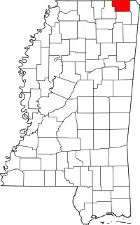 Map of Mississippi highlighting Alcorn County