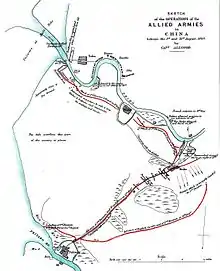 map of military operations detailing the area of Tanggu and Beitang and the advance path of allied forces
