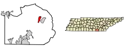 Location of Whitwell in Marion County, Tennessee.