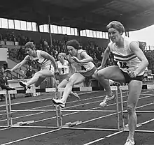 Mary Rand, Lia Hinten and Pat Pryce during an 80&nbsp;m hurdles run on 6 September 1964