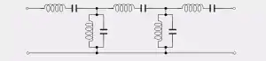 Circuit diagram depicting a ladder topology filter. The series branches consist of series LC circuits (three total) and the shunt branches consist of shunt LC circuits (two total).