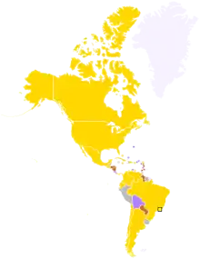 Map of the Americas pointing countries colored in gold, silver and bronze according to their top achievements during the 2007 Games. Countries that have not won medals are colored in purple. The yellow square indicates the location of the host city.