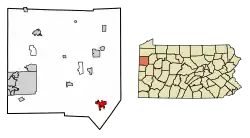 Location of Grove City in Mercer County, Pennsylvania (left) and of Mercer County in Pennsylvania (right)