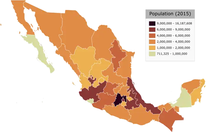 Map of each state's population as of 2015