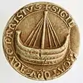 Seal of the  marchands de l'eau, c. 1210 (SIGIL[LVM ME]RCATORVM AQVE PARISIVS)