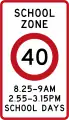 (R1-6.1) 40&nbsp;km/h school zone speed limit in effect during times specified (2016-2022)