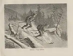 Norwegians skiing with a single pole, 1870.