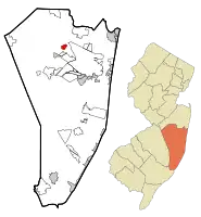 Map of Cedar Glen West CDP in Ocean County. Inset: Location of Ocean County in New Jersey.