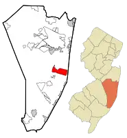 Map of Forked River CDP in Ocean County. Inset: Location of Ocean County in New Jersey.