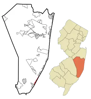 Location of North Beach Haven in Ocean County highlighted in red (left). Inset map: Location of Ocean County in New Jersey highlighted in orange (right).