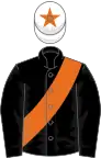Black, orange sash, white cap, orange star