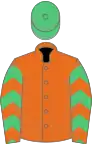ORANGE, emerald green chevrons on sleeves, emerald green cap