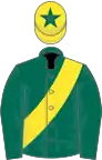 Dark green, yellow sash, yellow cap, dark green star