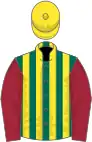 Dark green and yellow stripes, maroon sleeves, yellow cap
