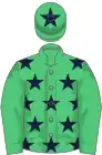 Emerald green, dark blue stars, emerald green sleeves, emerald green cap, dark blue star
