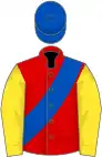 Red, royal blue sash, yellow sleeves, royal blue cap