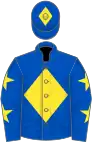 Royal blue, yellow diamond, stars on sleeves, diamond on cap
