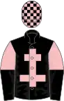 Black, pink cross of lorraine, pink and black halved sleeves, black and pink check cap