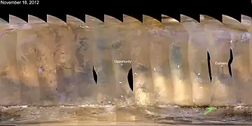 Nearly global mosaic of observations made by the MRO MARCI on Nov. 18, 2012, shows a dust storm in Mars' southern hemisphere