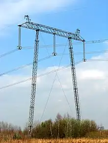 pole-through 750&nbsp;kV line from the Ukrainian nuclear power plant Khmelnitsky station 750/400 kV Widełka near Kolbuszowa. The photograph was taken near the intersection line with the national road DK19 in Nienadówce, at its border with Stobierna and Medynia Głogowska.
